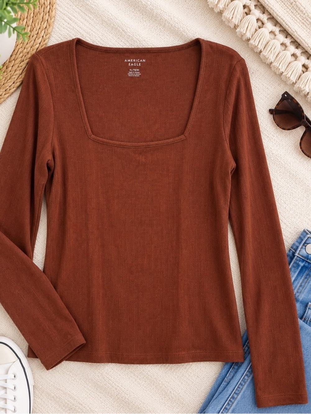 American Eagle Outfitters Long Sleeve Square Neck Top - Rust Brown